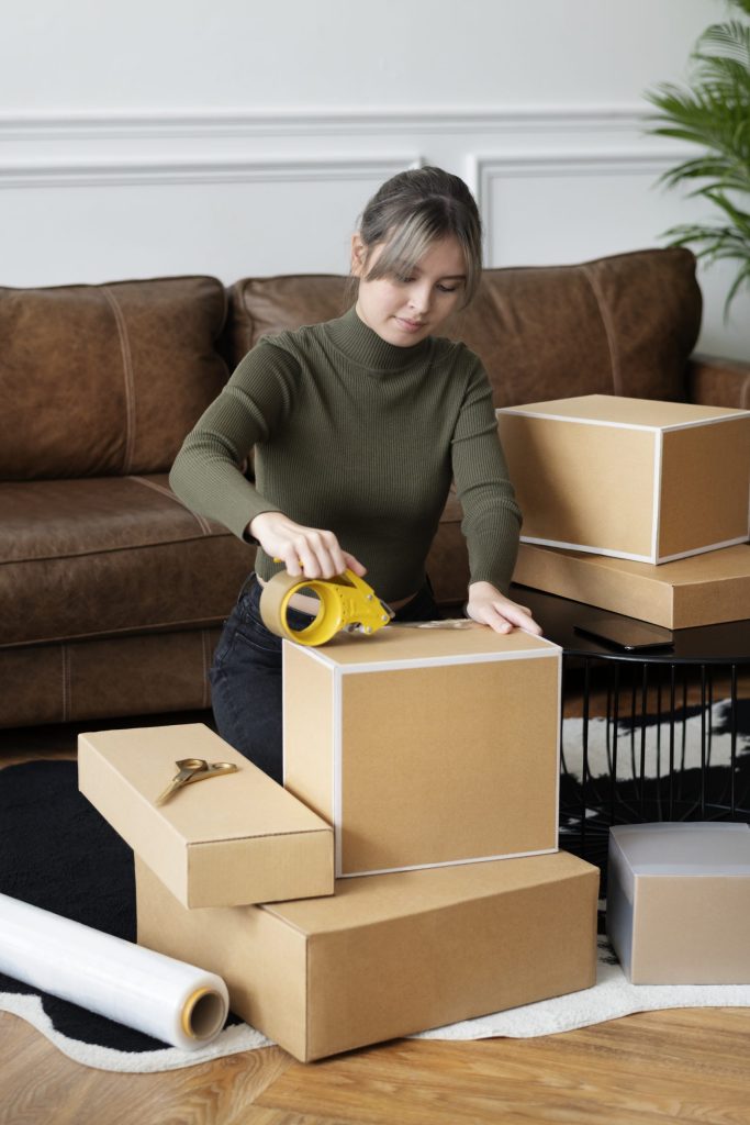 Small business owner packing product parcel boxes for delivery