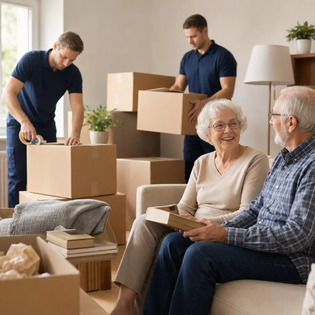 Seniorin beim Umzug in eine helle Wohnung mit Umzugskartons und Umzugshelfern in dunkelblauer Uniform