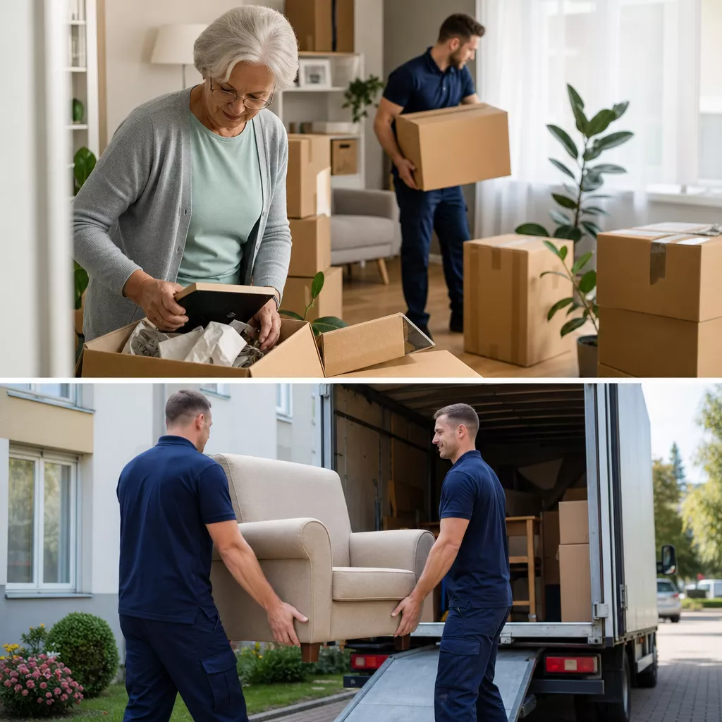 Seniorin in heller Wohnung mit Umzugskartons und Umzugshelfer in dunkelblauer Uniform beim Möbeltransport