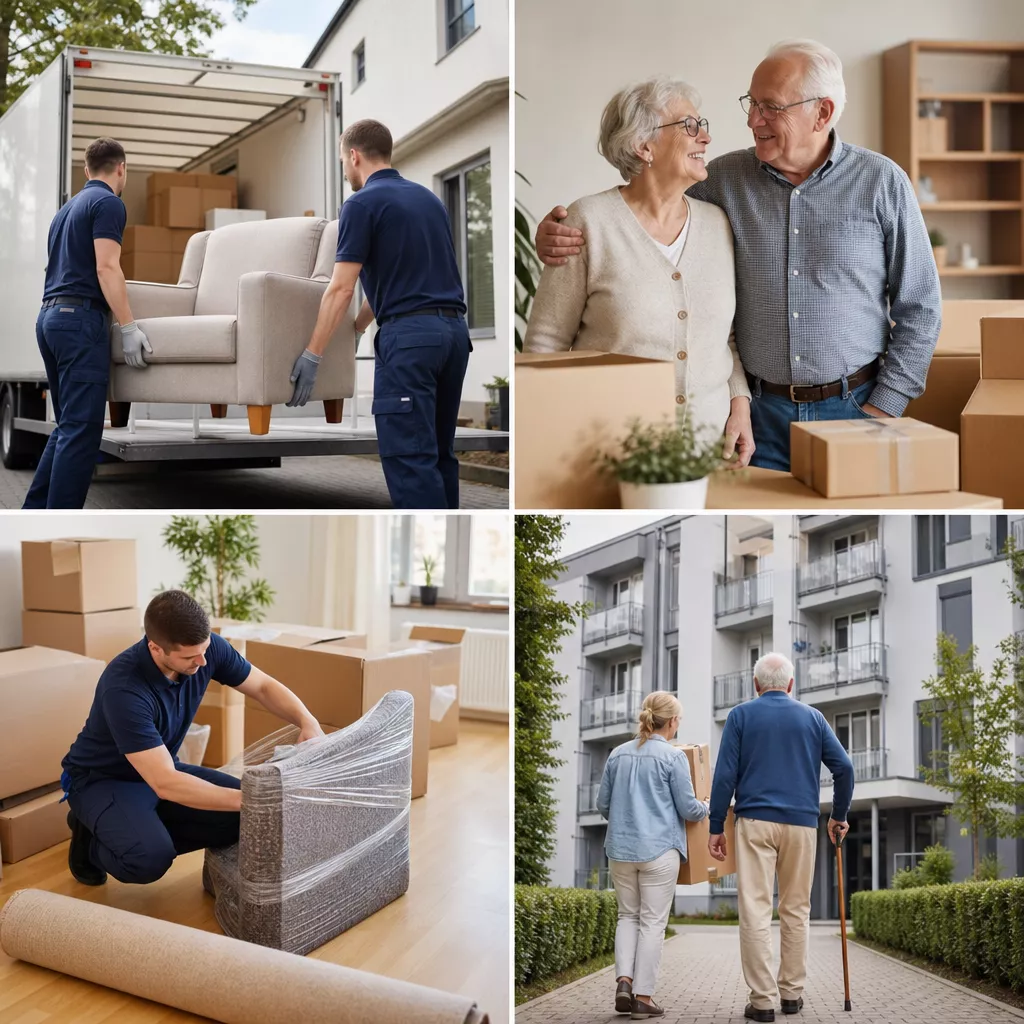 Seniorin beim Umzug in hellem Wohnzimmer mit Kartons und Umzugshelfern in dunkelblauer Uniform
