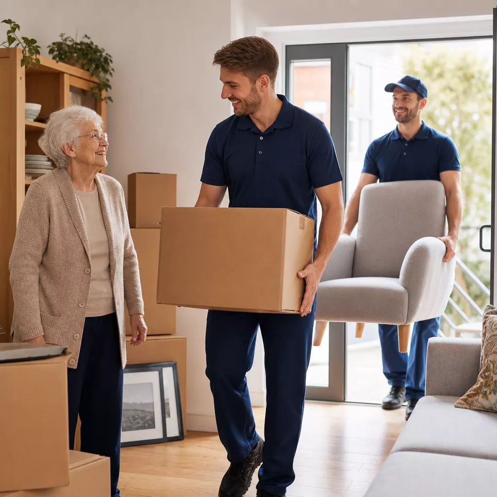 Seniorin beim Umzug in heller Wohnung mit Kartons und Umzugshelfer in dunkelblauer Uniform