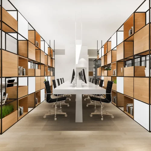 Lagerregale aufbauen Hamburg in modernem Büro mit offenen Holz-Metall-Regalen und Schreibtischreihe