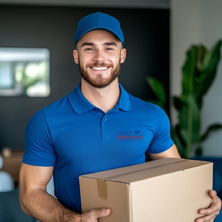 Möbelpacker_ist_bereit_für_den_Umzug_in_Quickborn Lächelnder Mitarbeiter in blauem Polo-Shirt hält Karton für Umzug Quickborn