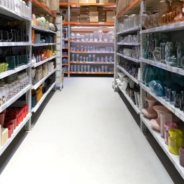 Ladenumzug Hamburg mit sortierten Glas- und Dekoartikeln in einem vorbereiteten Verkaufsregal