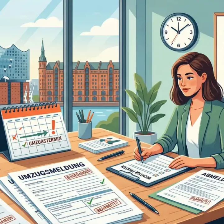 Frau sitzt am Schreibtisch und füllt Dokumente für einen Umzug in Hamburg aus. Im Hintergrund ist die Elbphilharmonie zu sehen.