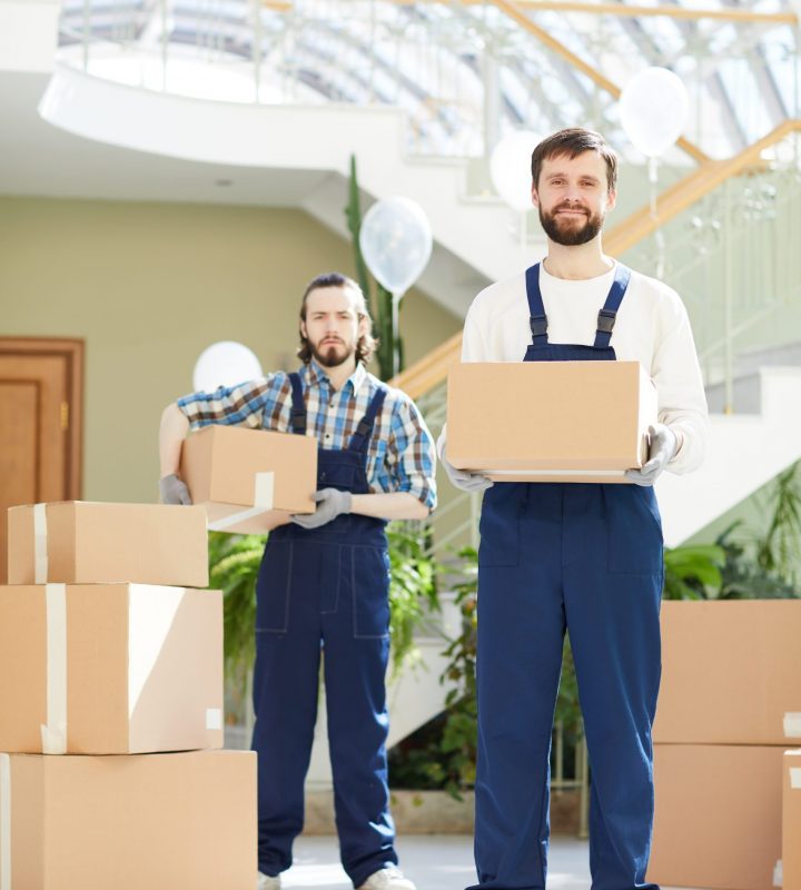 zwei_starke_Möbelpacker_in Quickborn Zwei freundliche Möbelpacker tragen Umzugskartons in Quickborn
