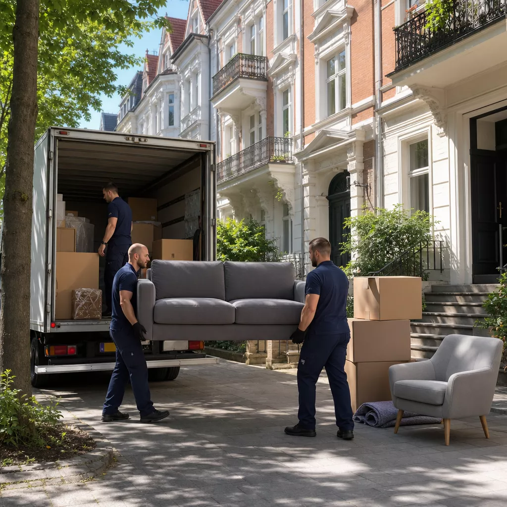 Umzugshelfer in dunkelblauer Uniform tragen Möbel und Kartons aus einem Altbau in Hamburg-Altona