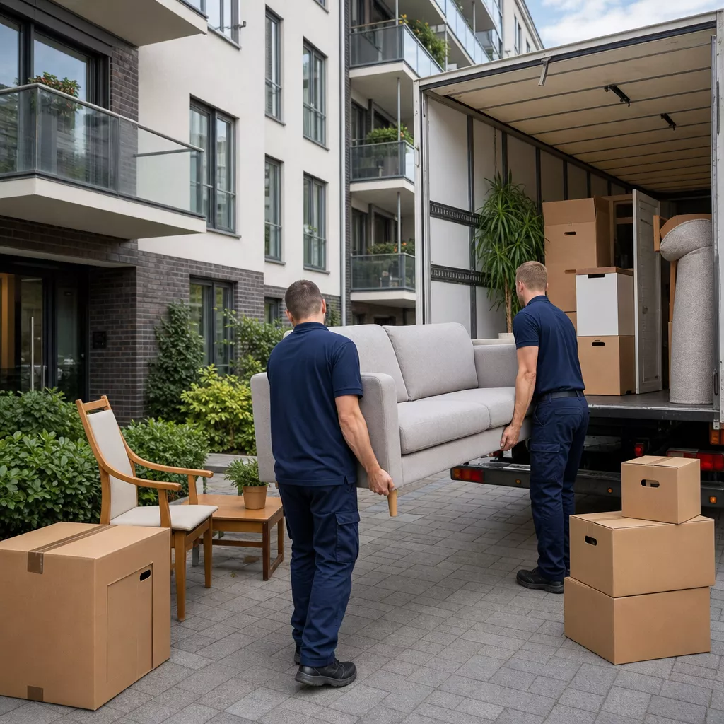 Umzugshelfer in dunkelblauer Uniform tragen Möbel und Kartons vor ein Einfamilienhaus in Harburg