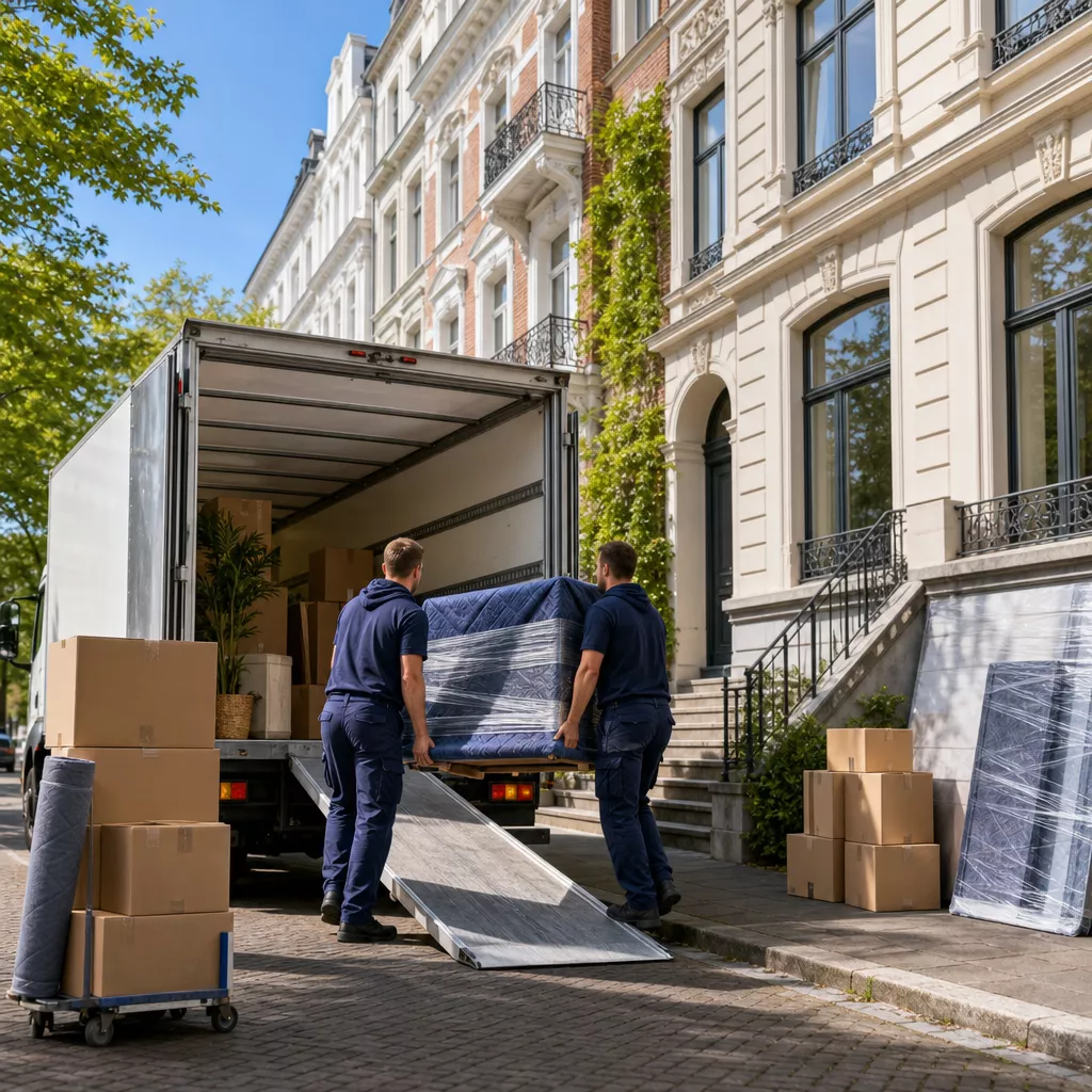 Umzugshelfer in dunkelblauer Uniform tragen Möbel und Kartons aus einem Altbau in Winterhude
