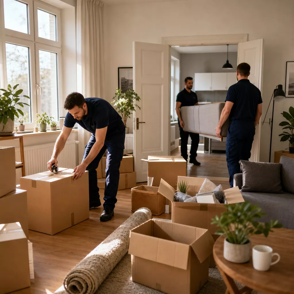 Ordentlich gepackte Umzugskartons und Möbel in heller Wohnung beim Umzug in Hamburg