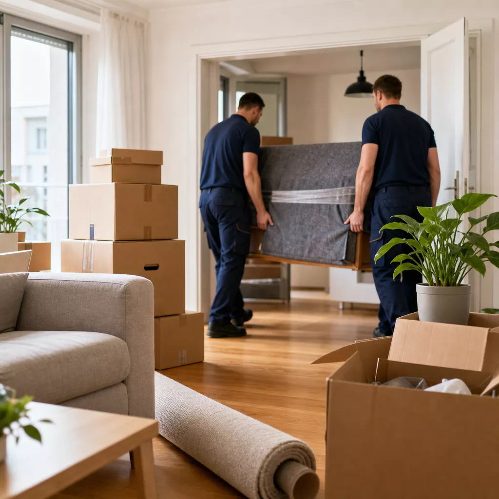 Ordentliche Umzugskartons und verpackte Möbel in heller Wohnung, vorbereitet für einen Umzug