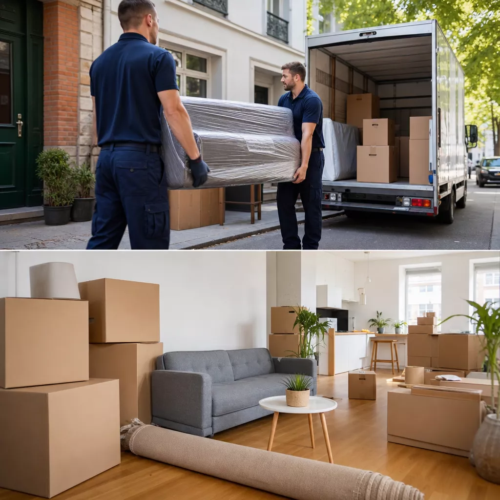 Geordnete Umzugskartons und Möbel in heller Wohnung beim Umzug