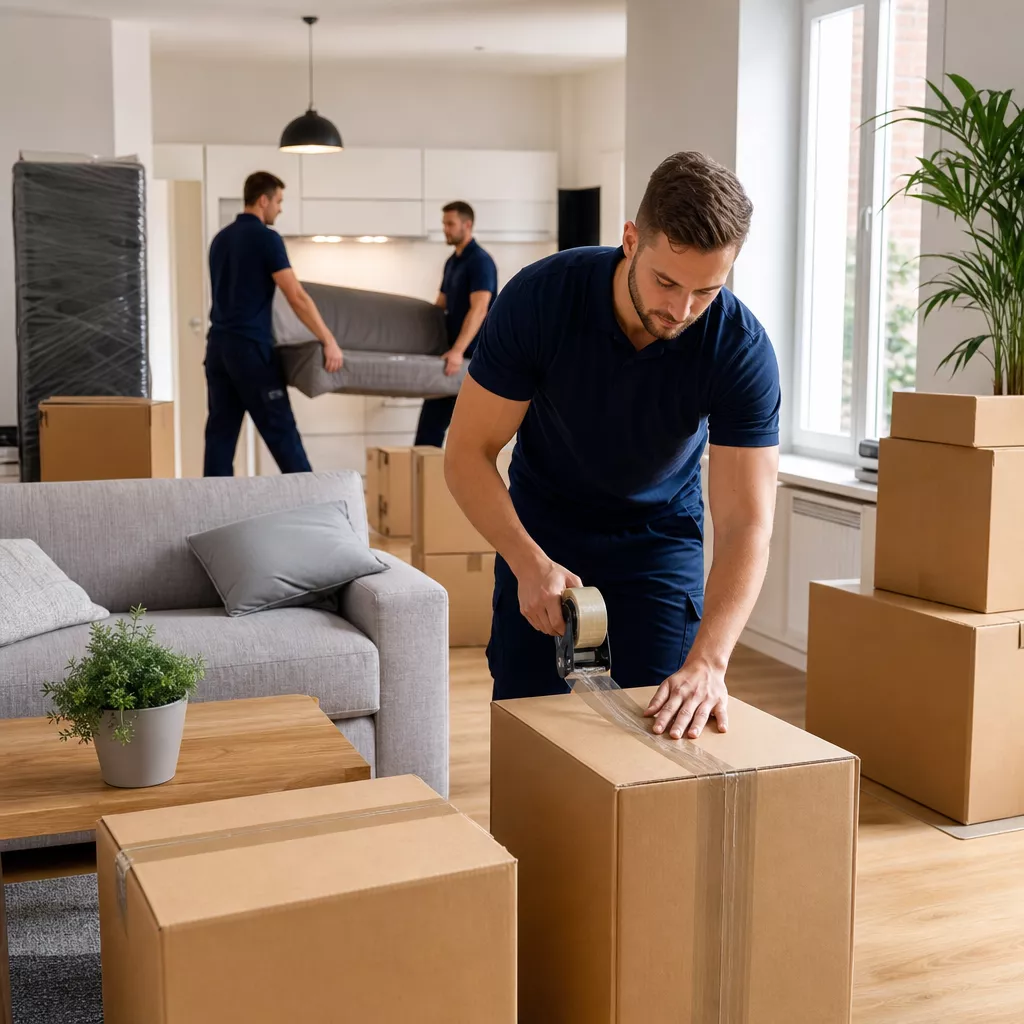 Ordentlich gepackte Umzugskartons und Möbel in heller Wohnung beim Umzug in ein Einfamilienhaus
